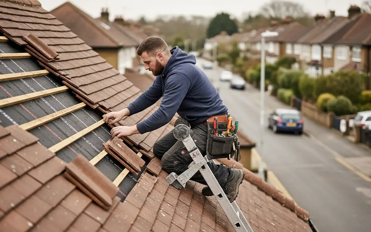 Roof repair work in progress on a London property by City Building and Roofing Ltd