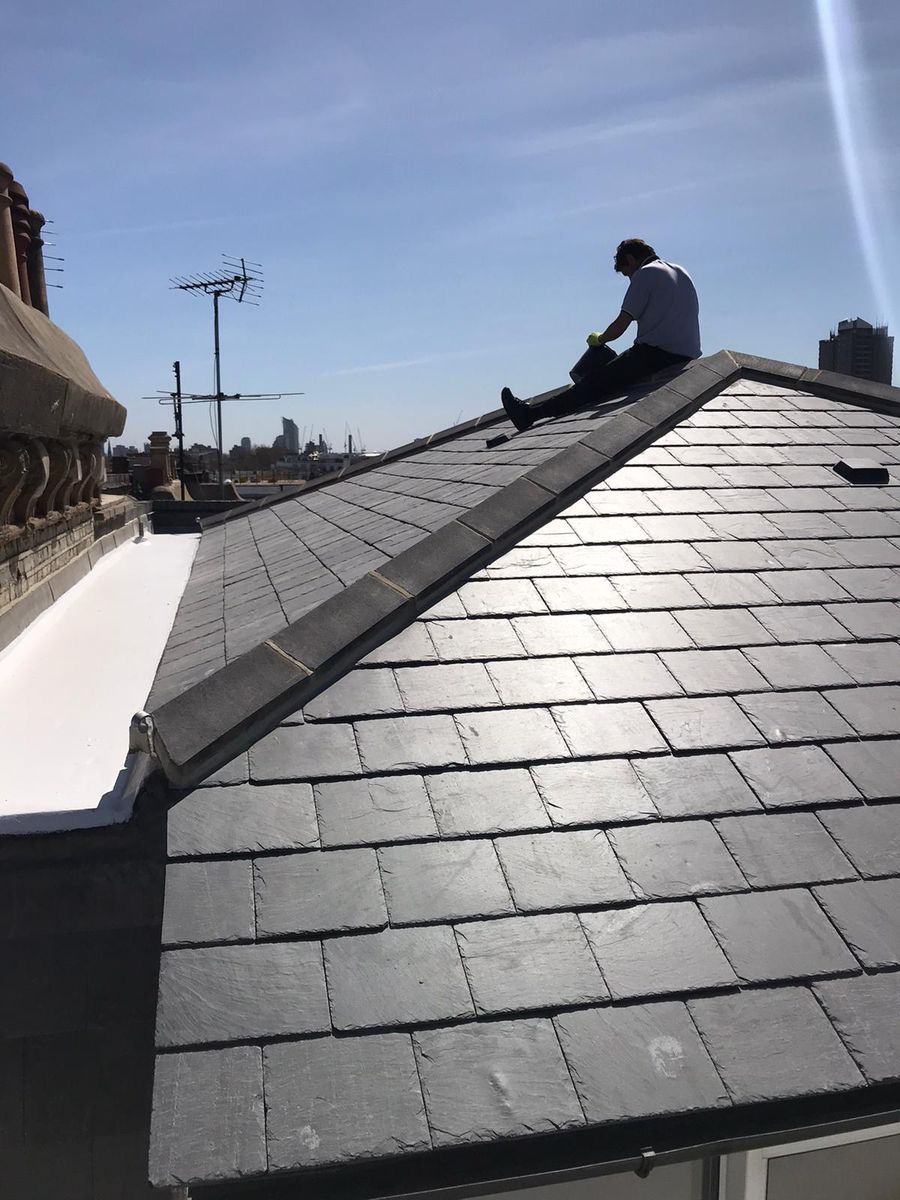 New natural Welsh slate roof on a Victorian terrace in Kensington after installation