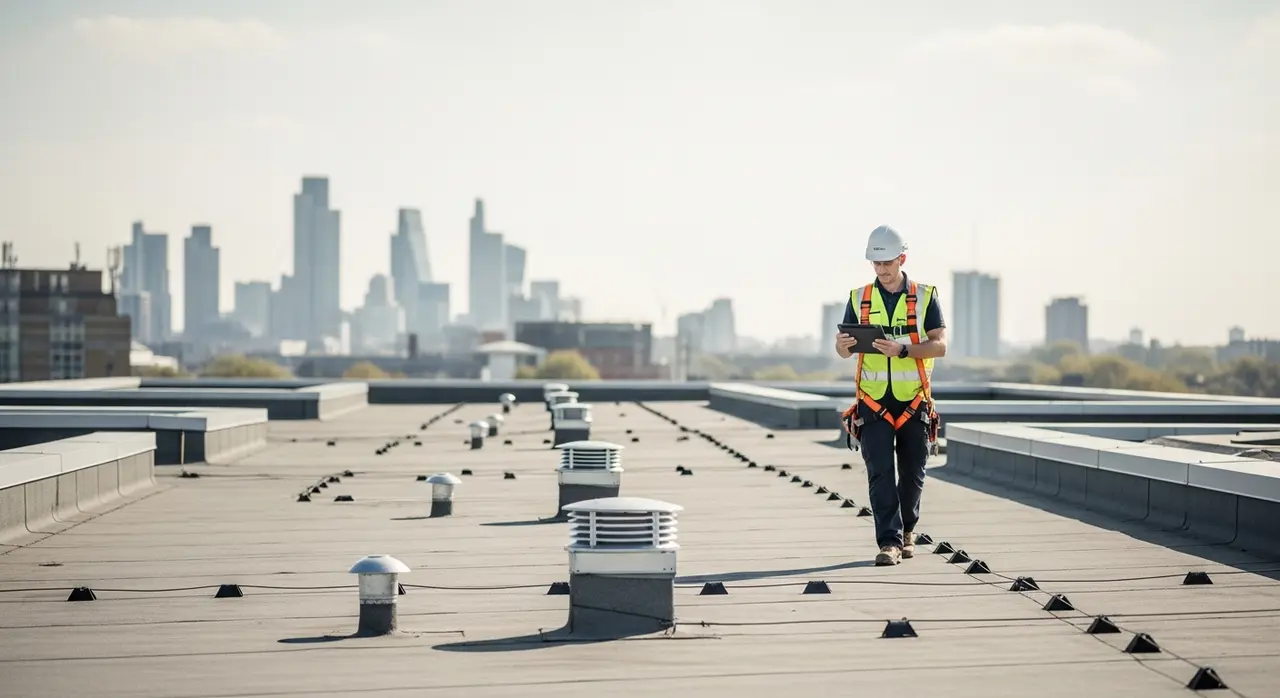 Surveyor photographing rooftop drainage outlets during a commercial roof condition survey in London