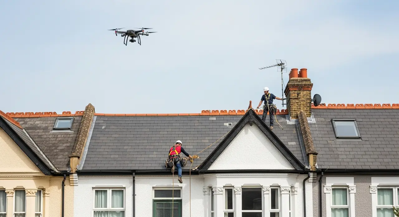 Drone hovering safely above the slate roof of a London terraced house during a roof inspection