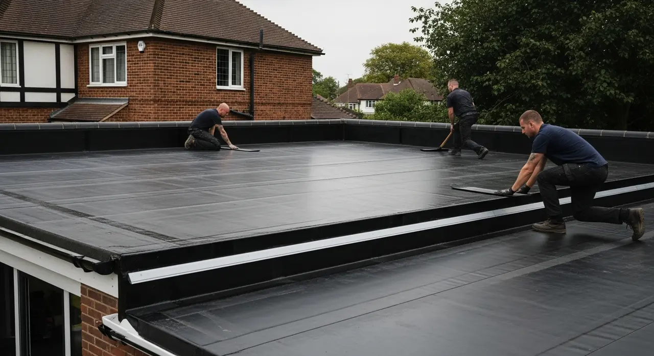 Roofers smoothing a black EPDM rubber membrane across a domestic garage flat roof