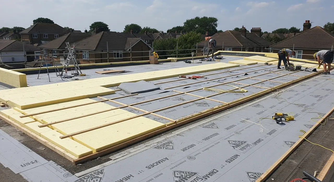 Flat roof being re-covered with new insulation boards and membrane laid over a prepared existing substrate