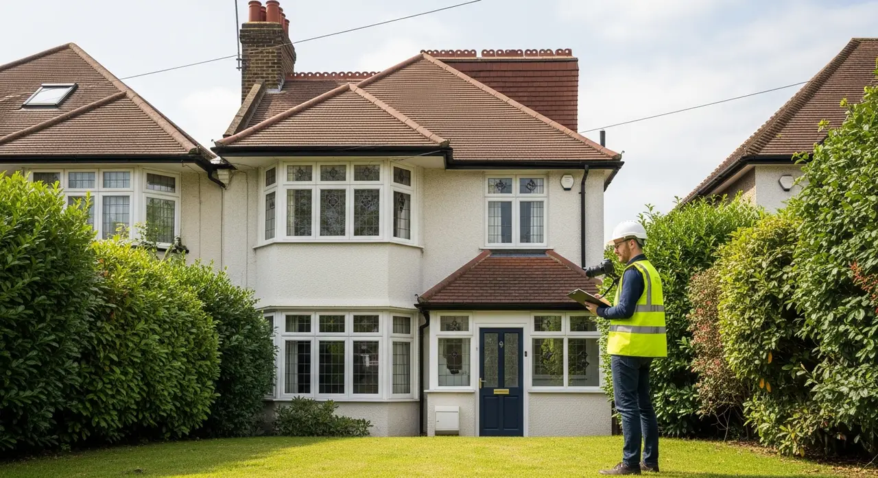 Roofing inspector assessing the tiled roof of an Edwardian semi-detached house for a homebuyer roof report