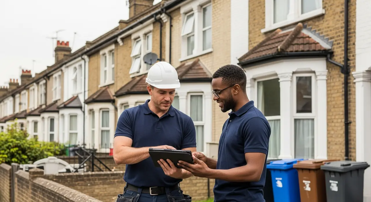Roofing professional reviewing a photographic roof report on a tablet with a property manager outside terraced rental houses