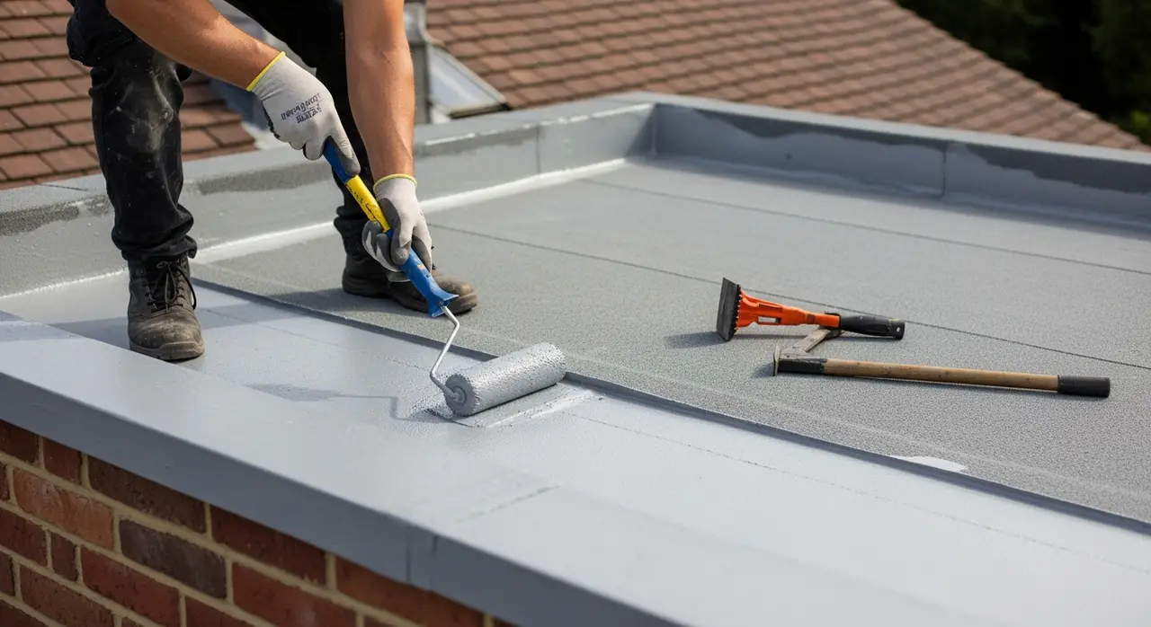 Contractor applying liquid waterproofing membrane by roller to the flat roof of a London extension