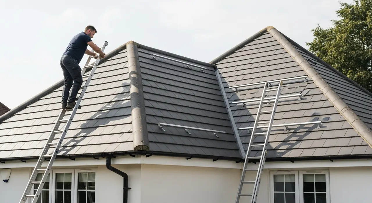 Roofing inspector checking the tiles of a detached house roof before solar panel installation