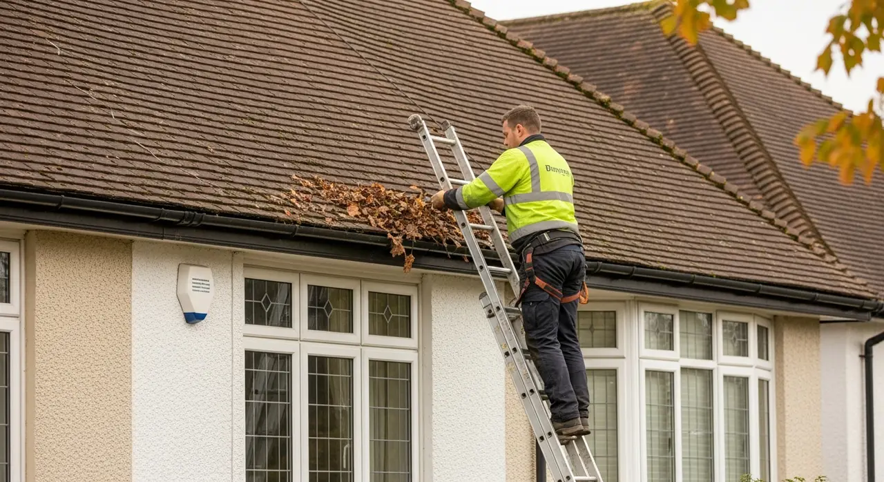 Roofer clearing autumn leaves and moss from the gutters of a semi-detached house during planned maintenance