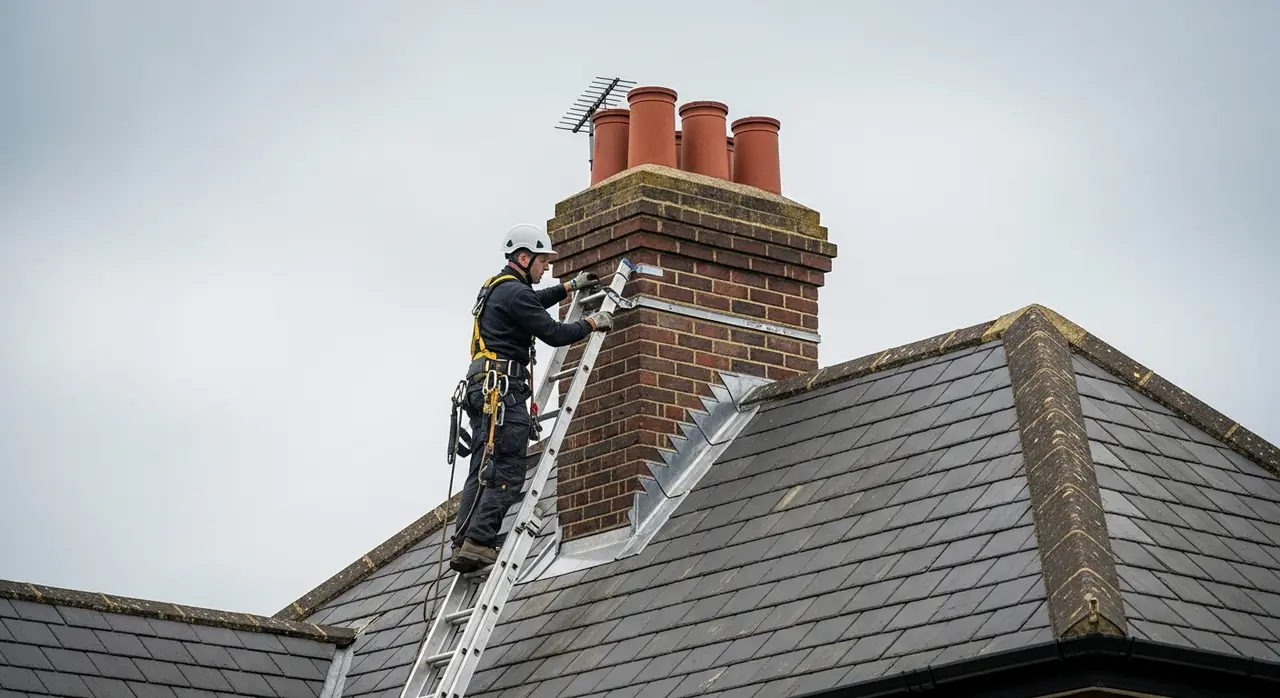Roofer examining lead flashing around a brick chimney while investigating the source of a roof leak