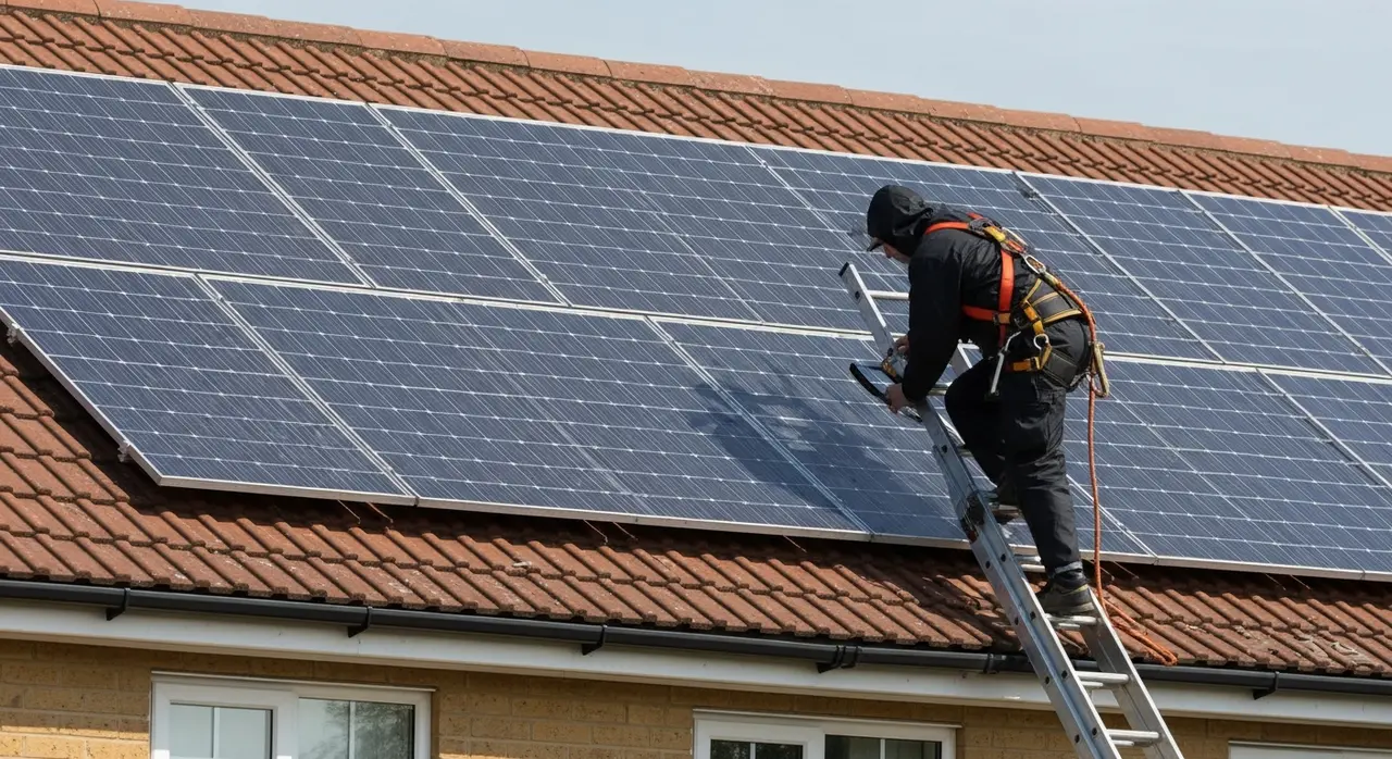 Roofer inspecting tiles at the edge of a solar panel array on a pitched roof