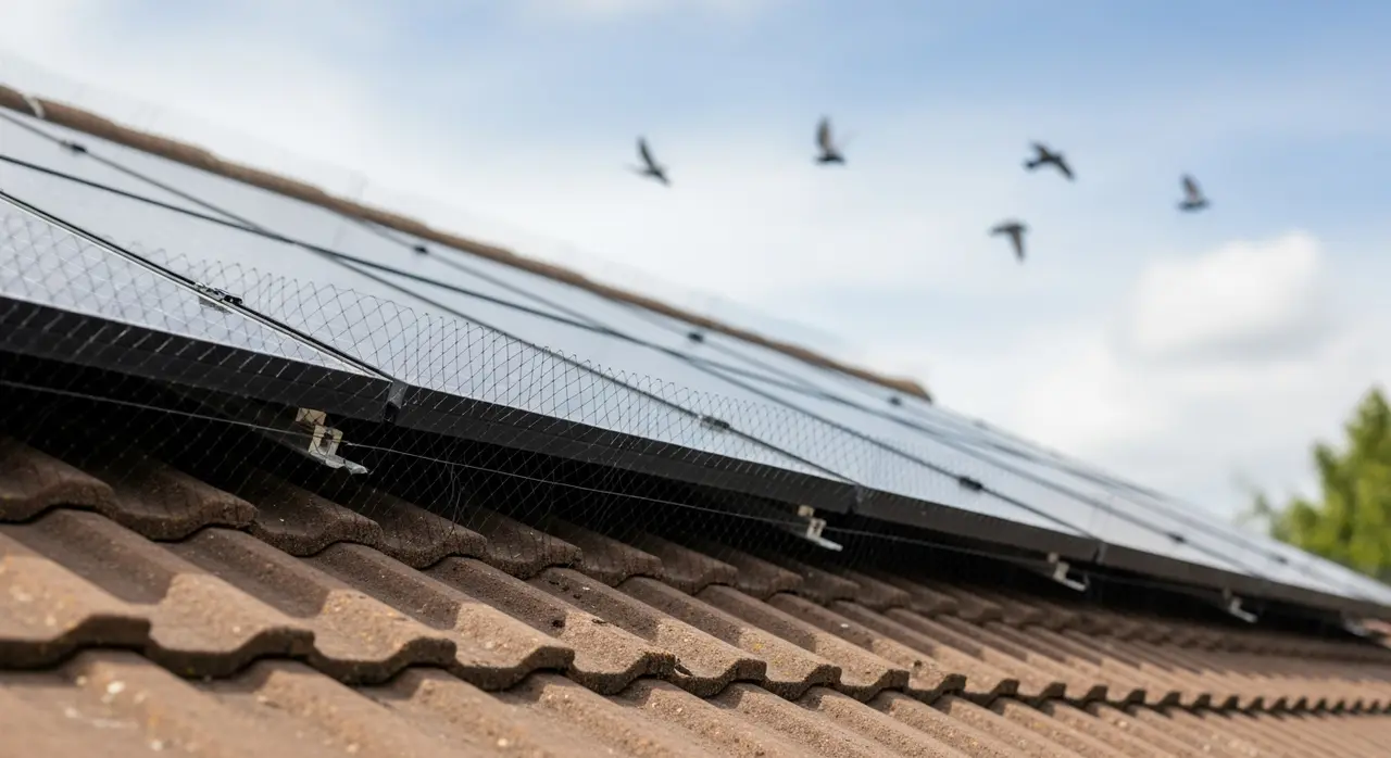 Discreet black mesh bird proofing fitted around the edge of solar panels on a tiled roof