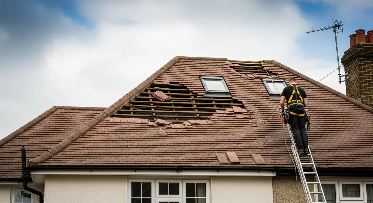 Roofer assessing slipped and missing tiles on a pitched roof after storm damage