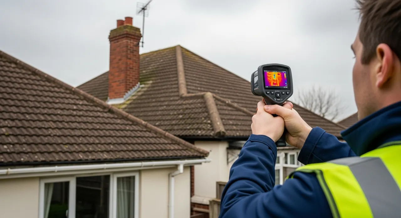 Technician using a handheld thermal imaging camera showing a heat map while investigating a ceiling leak